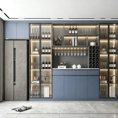 Modern Blue Built in Refrigerator Wine Bar Cabinet Home LED Glass Wine Display Rack With Glass Holder