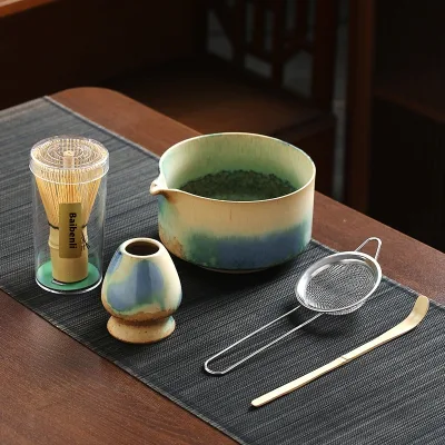Japanese-Style Stoneware Matcha Starter Kit Ceramic Kiln Matcha Bowl with Powder Mixer Chinese Design for Travel