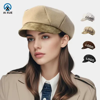 Custom Logo Women Newsboy Cap Waffle Knit Spliced Suede Visor Beret Hat Vintage Fashion Octagonal Hat for Autumn Winter