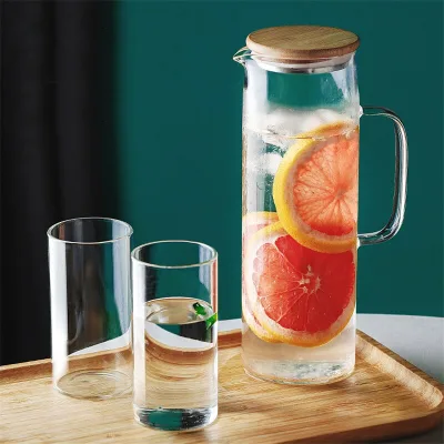 Glass Pitcher With Wooden Lid Drip-Free Water Pitcher With Lid, Juice/Iced Tea Pitcher for Homemade Hot Cold Beverage
