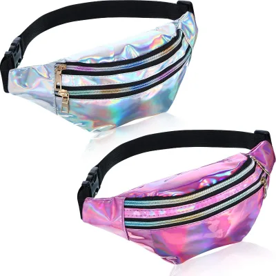 Wholesale Outdoor Sport Running Fitness PU Zipper Holographic Sporty Fanny Pack Colorful Waist Bag Laser Shiny Silver for Women