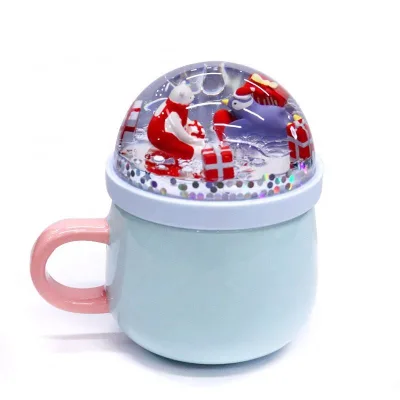 Liquid Christmas Drink Mug Milk Tea Water Coffee Cup Cartoon Ceramic Cup With Water Glitter Floater Snow Globe Lid