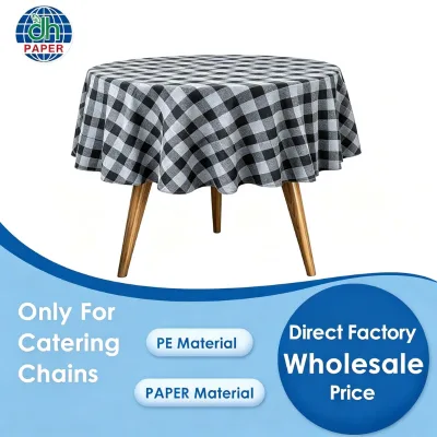 Black Grey Buffalo Check PEVA Disposable Round Tablecloth Waterproof Oil Resistant Bulk Wholesale for Cafe Bistro Outdoor Events