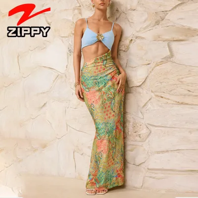 ZIPPY Customize Versatile Cutout Maxi Dress Fashion Spaghetti Strap Bralette & High Waist Floral Skirt Summer & Date Night Dress