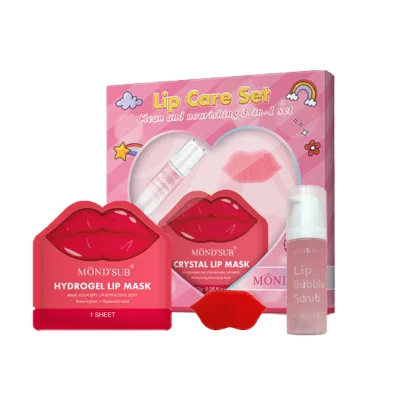 Korean Organic Vegan Pink Lip Care Kit Moisturizing Hydrogel Mask & Bubble Exfoliating Lip Scrub with Silicone Lip Brush