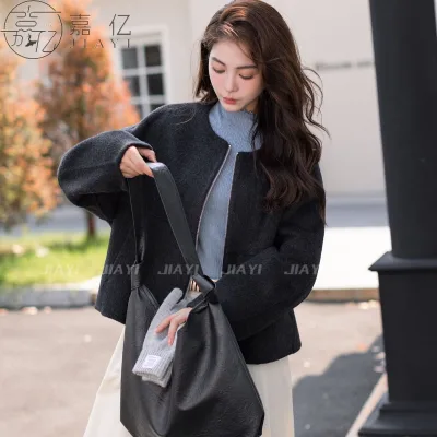 Women's Autumn/Winter Elegant Long-Sleeved Wool Solid Color Casual Zippered Round-neck Jacket Women's Coat