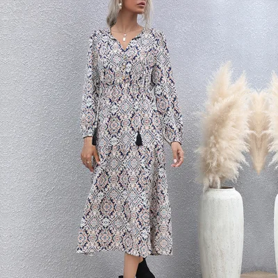 Fall Mid-Length Printed V-Neck Long-Sleeved Skirt