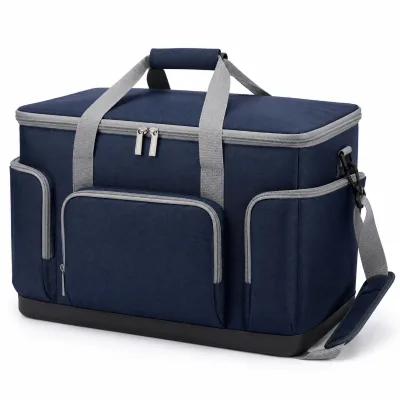 Large Insulated Cooler Bag Navy Canvas Collapsible Picnic Tote with Shoulder Strap Front Pockets for Camping Beach