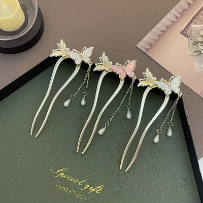 Traditional Chinese-style Fritillary-shaped Pearl Alloy Hairpin Elegant Refined U-shaped Double-prong Design Handmade Tassel