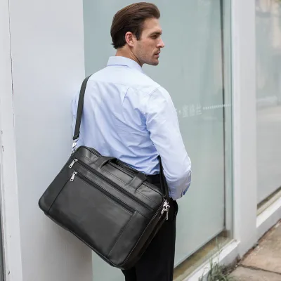 TIDING New Arrive Big Black Real Genuine Leather Computer Messenger Laptop Briefcase Bag for Man Briefcases Bag