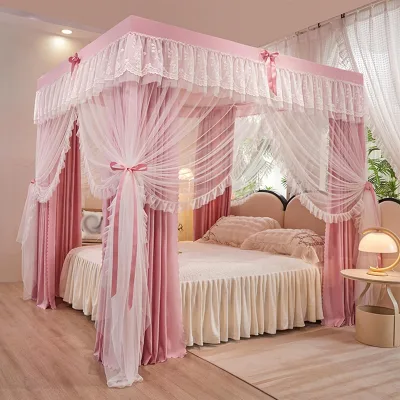 Luxurious Palace Foldable Mosquito Nets for Bed Double Lace Embroidery Lace 4 Door Double Cloth Curtain Bed Curtain Mosquito Net