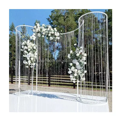 Hot Selling S Shape White Wedding Arch Gold Curve Backdrop Stand With Hanging Crystal Curtain