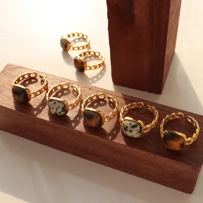 High Quality Tiger Eye Stone Inlaid Geometric Opening Ring Retro Natural Stone Accessory Gold Plated for Wedding Engagement Gift