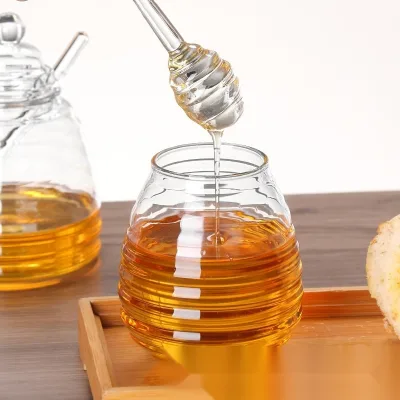 Clear Glass Honey Jar with Mixing Stick for Restaurant Honey Serving Table