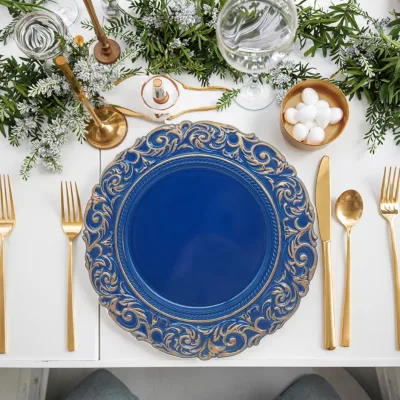 Antique Classic 13-Inch Disposable Luxury Charger Plate Plastic Baroque Edge Carving Handpainted Customized Color Party Home