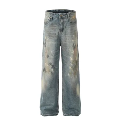 High Quality Baggy Washed Denim Jean Straight Jeans Printed Graffiti Retro Acid Wash Jeans Men