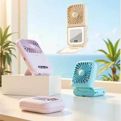 Portable Handheld Makeup Mirror 5-Speeds Wind Type-C LED Light Mini Battery-Powered Bladeless Wearable Household Outdoor Hotel