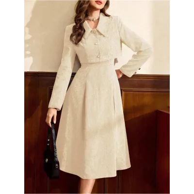 Vintage High Waist Women's 2-Piece Set Long Top with Bow Collar Woven Solid Pattern Midi Skirt Autumn Clothes Suit in Size S