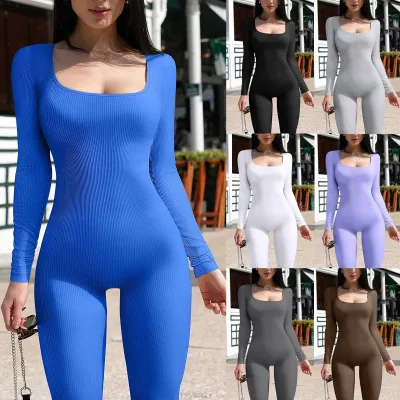 Autumn Winter Women's Casual Jumpsuit New Slim Sexy Hip-Lifting Design Ribbed Square Neck Suit Set
