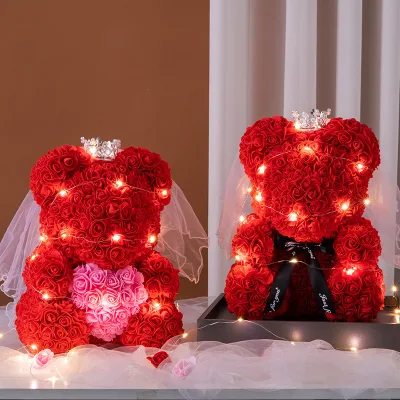 LED Rose Artificial Teddy Bears 40Cm 25Cm Roses Valentines Foam Heart Red Gifts Mini Preserved Valentine Rose Bear