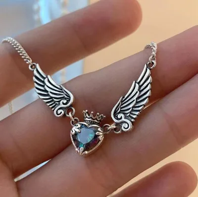 Vintage Distressed Aurora Love Crown Necklace Angel Demon Wings Pendant Zircon Geometric Heart Crown Buddhist Inspired Necklaces