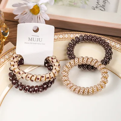 2-Piece Coffee Color Plastic Spiral Hairbands with Elastic Printed Telephone Wire Hair Ties Rapid Sample Barcode Hair Ties