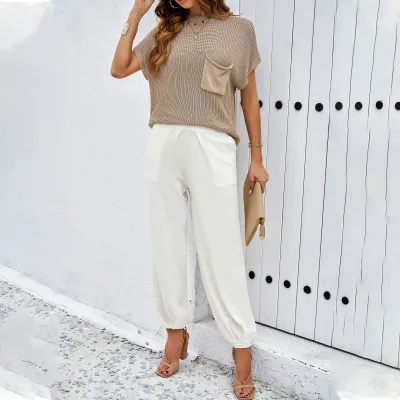OEM 2024 Summer Two Piece Set Women Clothing Full Length Short Sleeve Knitted Sweater Pants Casual 2 Piece Set for Women