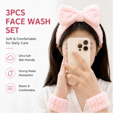 Wholesale Custom 3-Piece Water Absorbent Spa Headband Set Soft Plush Face Wash Wristbands Skincare Beauty Kit