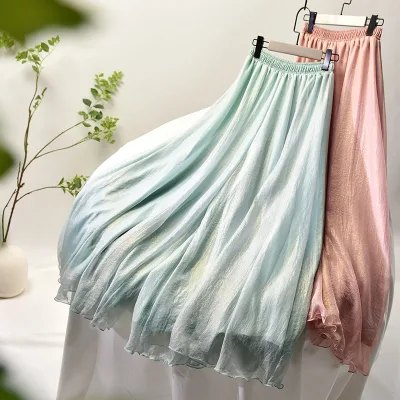 Spring/Summer New Chiffon Pants Double Layer Tulle Elastic Waist Chinese Style Wide Leg Pants Female