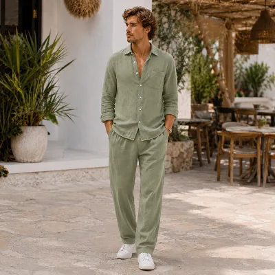 Custom Men's Linen 2 Piece Set Long Sleeve Shirt & Trousers Turn-Down Collar Suit