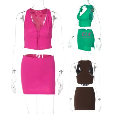 Summer Clothes Sexy Bodycon Women's Sets 2 Piece Short Skirt Sets V-neck Tank Tops Mini Skirt Two Piece Sets for Women