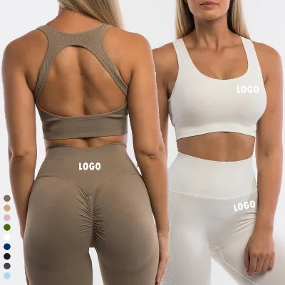 Wholesale Custom Open Back Push up Bra High Waist Seamless Scrunches Yoga Set for Women