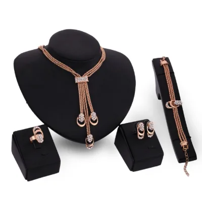 18K Gold Silver Plated 4-Piece Jewelry Set Rhinestone Necklace Earrings Bracelets Rings for Parties Gifts Anniversaries