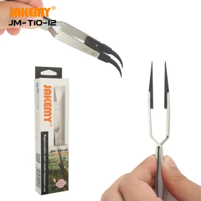 JAKEMY JM-T10-12 Replaceable Anti-Static Tweezers Set Stainless Steel Straight & Curved ESD Tips for Electronics