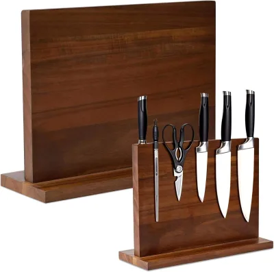 High Quality Acacia Wood Magnetic Knife Block Storage Organizer with Roll Bag Home Kitchen Metal Holder Set