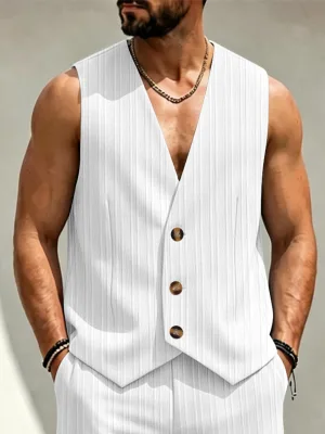 Factory Custom Logo Men Solid Color Striped V-Neck Button Closure Sleeveless Vest Lightweight Sports Casual Waistcoat
