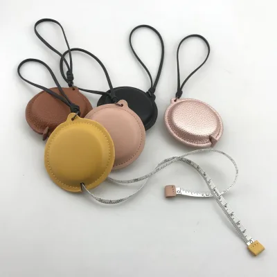 Custom Blank Black Mini Round Shape Measuring Tape Leather with Handle Loop