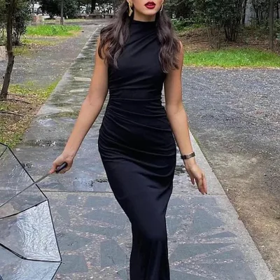 Spring and Summer Women's Sexy Slim Wrinkle Sleeveless Hip Back Slit Dress Long Skirts for Women