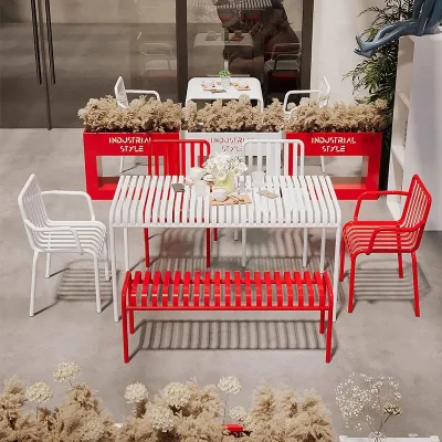 Modern Outdoor Leisure Chair Park Rest Square Bench With Metal and Wood Long Stool Courtyard Chair