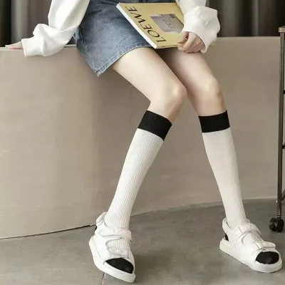 Wholesale Custom Women Color Block Striped Breathable Ribbed Cotton Casual Sport Knee High Socks with Cuff and Body Design