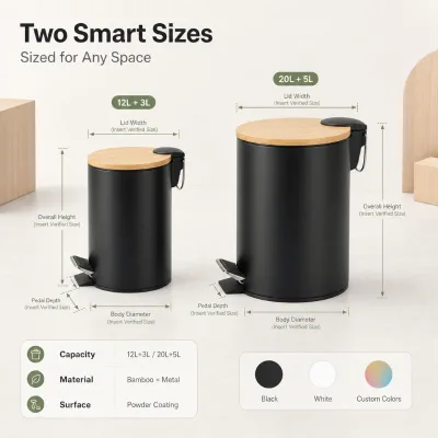 Quiet Soft Close Bamboo Lid Trash Can Step Pedal Garbage Bin with Stay Open Lid and Rear Handle for Bathroom Bedroom Kitchen