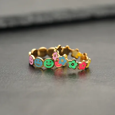 Trendy Women's Stainless Steel Adjustable Ring Colorful for Smiley Face Flower Design for Party Fashion Jewelry