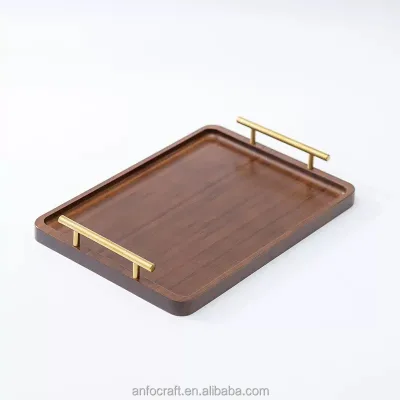 Bamboo Serving Tray with Metal Handles 14.0x9.3inch Wood Ottoman Decorative Trays Platter for Breakfast Work & Storage
