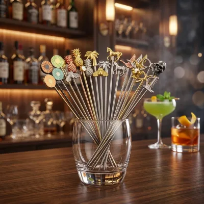 Csutom LOGO Foood-safe Bar Tool Drinks Cocktail Decoration Martini Pick Stick Stirrer Reusable Stainless Steel Cocktail Picks