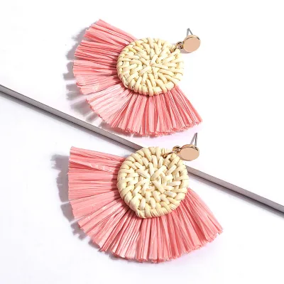 Rattan Earrings Lightweight Geometric Statement Tassel Woven Bohemian Earrings Handmade Straw Wicker Braid Raffia Earrings