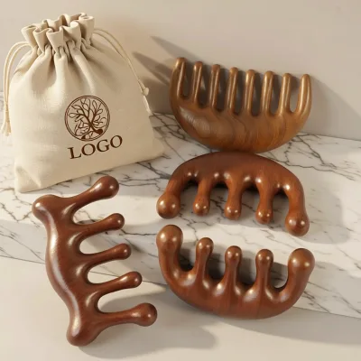Custom Sandalwood Scalp Massage Comb Manual Wooden Meridian Hair Comb for Head Face Neck Acupoint Gua Sha