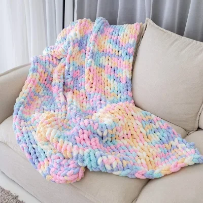 Knitted Throw Blankets Colorful Soft Washable Chenille Throw Blanket 100% Handmade Thick Cable Knit Large Crochet Rope Blankets