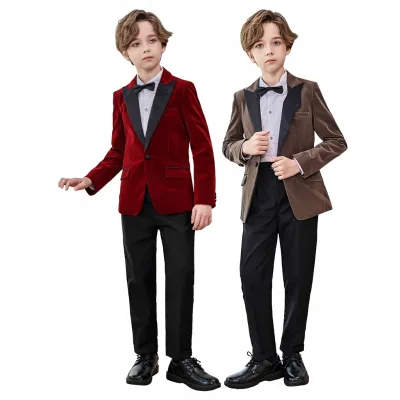 Boys British Style Suit Set 3 Piece Blazer Pants Bow Tie Wine Red Purple Brown Autumn Winter Formal School Outfit