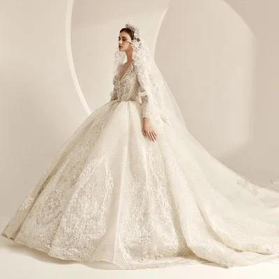Wedding Dress for Bridal Comfortable Design V Neck Long Sleeve Luxury Wedding Dress