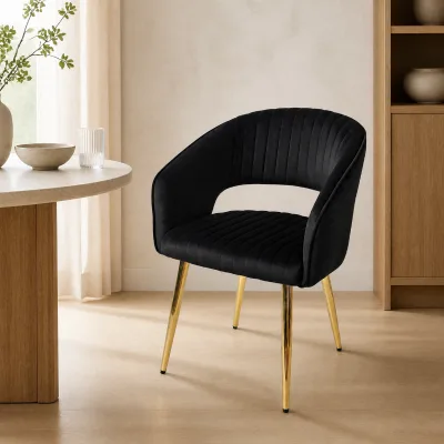 DM OEM ODM Modern Dining Chair with Armrests Black Velvet Seat and Gold Frame for B2B Wholesale